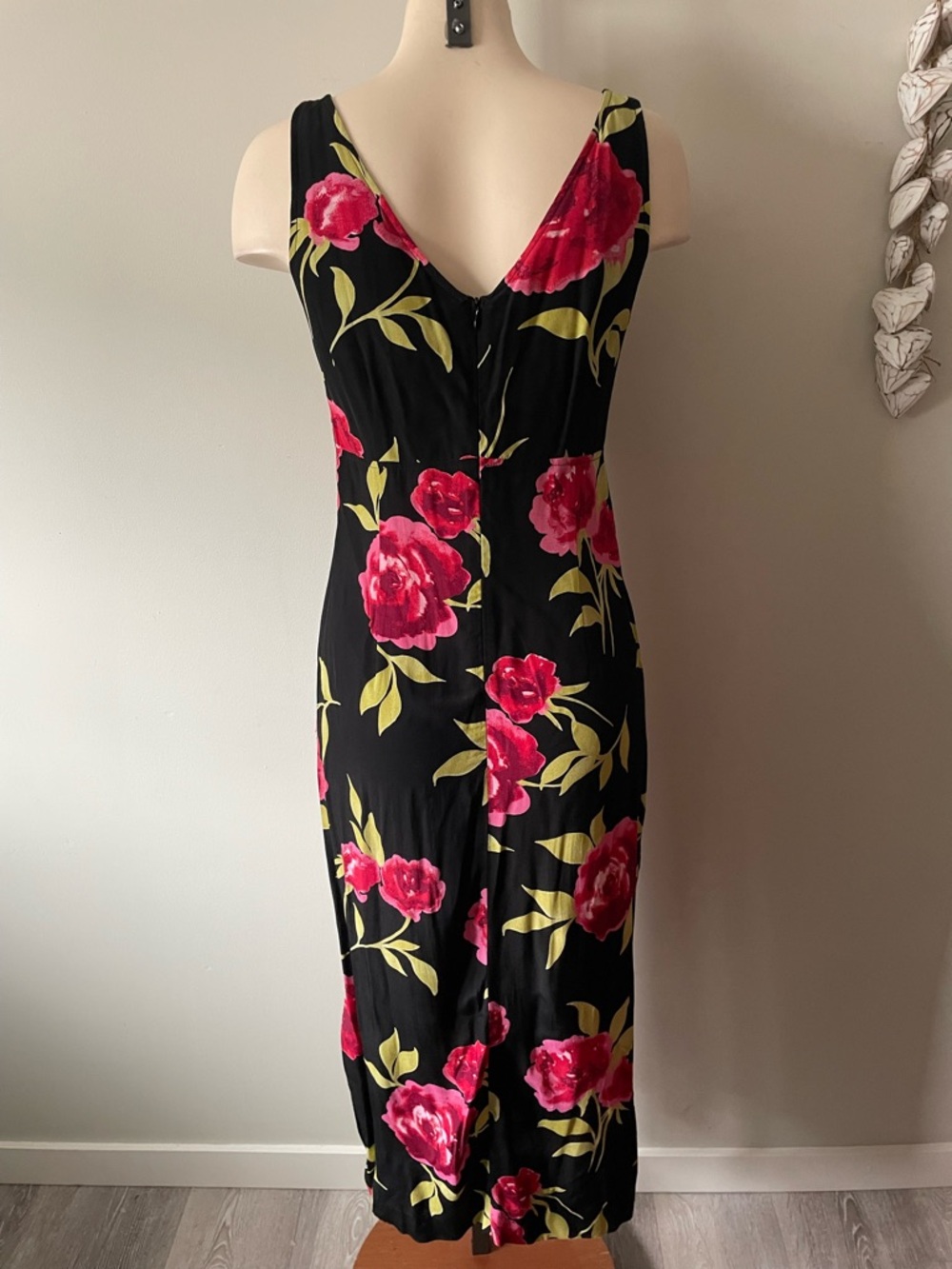 90s Vintage Plum Floral Cabbage Rose Sleeveless Midi Dress Size 6 Small - Picture 2 of 7